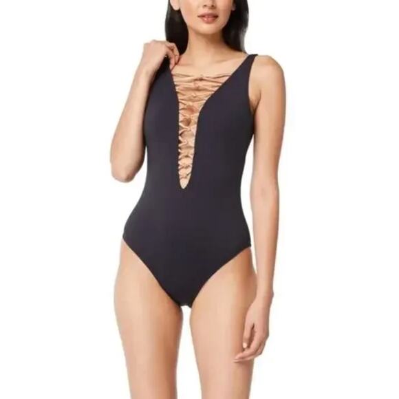 NEW Bleu Rod Beattie Lattice One Piece Swimsuit Women's Black Gold Size 12 - Picture 1 of 5